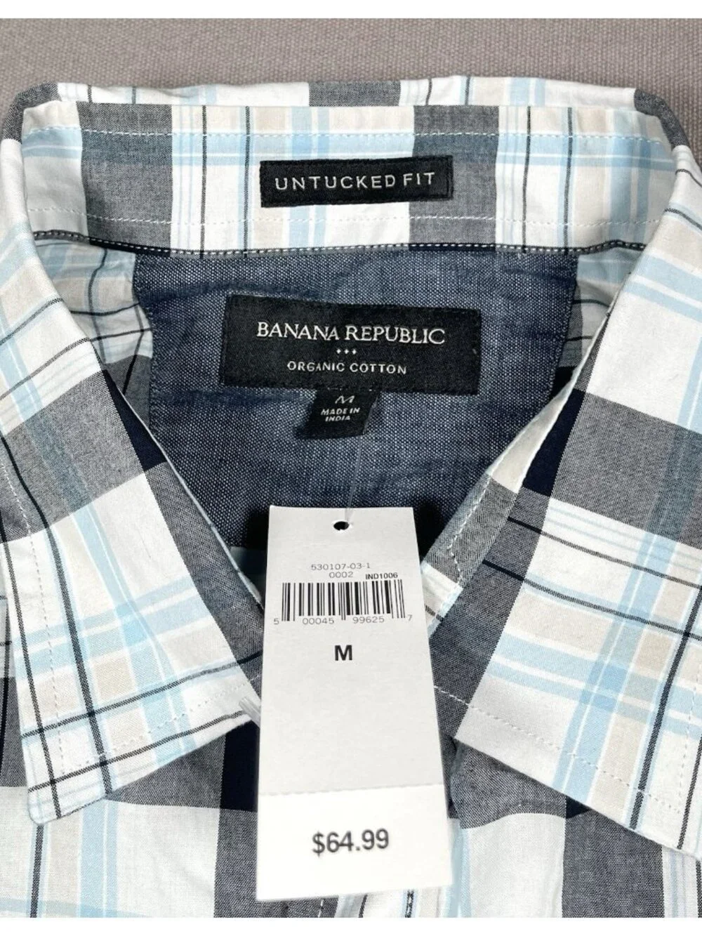 NWT Banana Republic Cotton Untucked Blue Plaid Button Up Shirt - Men Size Medium
